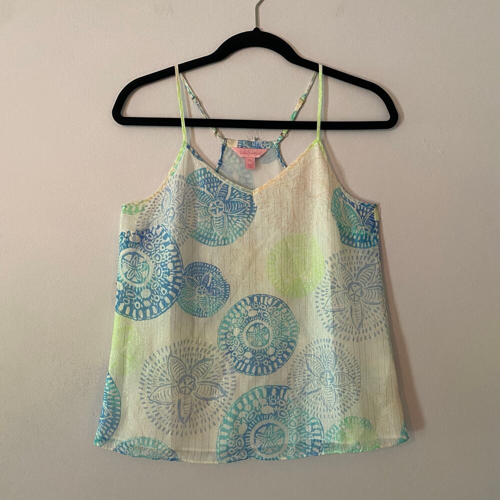Lilly Pulitzer White Blue Metallic Silk Tank Top Flowy Lightweight Resort XS